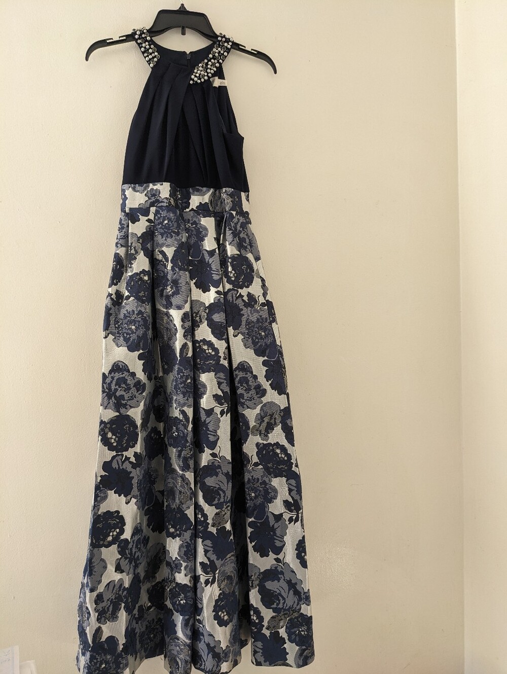 Eliza J Navy and White Floral Maxi Skirt with Jeweled Halter